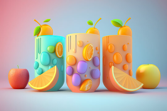 Glasses with fresh fruit juices and smoothies 3d render illustration in soft pastel colors on neutral background, generative ai illustration
