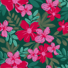Floral abstract magenta flower trendy seamless pattern. Flower seamless background. Pink flower illustrations. Abstract summer art drawing. Botanical seamless pattern.