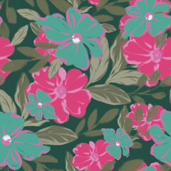 Floral abstract magenta flower trendy seamless pattern. Flower seamless background. Pink flower illustrations. Abstract summer art drawing. Botanical seamless pattern.