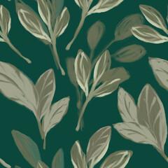 Hand painted green leaves trendy seamless pattern. Flower seamless background. Abstract summer art drawing. Botanical seamless pattern.