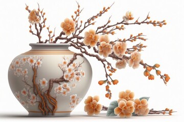 A ceramic vase filled with apricot branches and blossoms is placed on a white table against a white background in this front perspective illustration. Generative AI