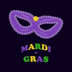 Mardi Gras holiday inscription mask on dark. Vector isolated illustration. Flat style.