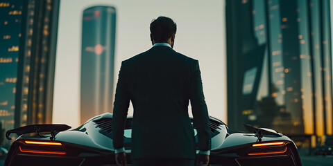  Man in suit standing by the supercar, concept of a successful businessman. digital ai art