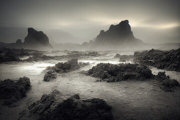 A bleak grey desolate rocky landscape. Generative AI