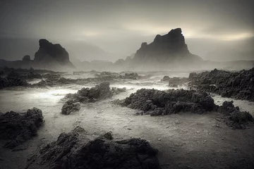 Fototapeten A bleak grey desolate rocky landscape. Generative AI © jay