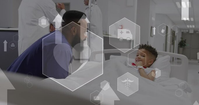 Animation of arrows and icons over diverse doctor and child patient at hospital