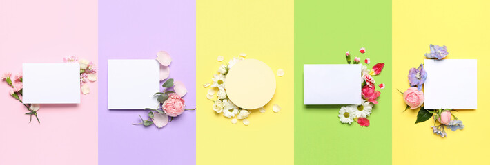 Set of blank cards with flowers on colorful background