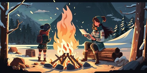 Winter campfire couple roasting marshmallows in firepit for smores at ski holiday resort. Asian happy woman relaxing after ski. Generative AI