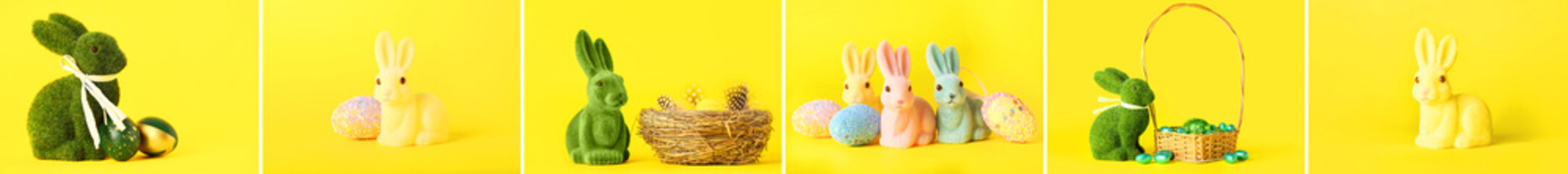 Collage of decorative bunnies with Easter eggs and candies on yellow background