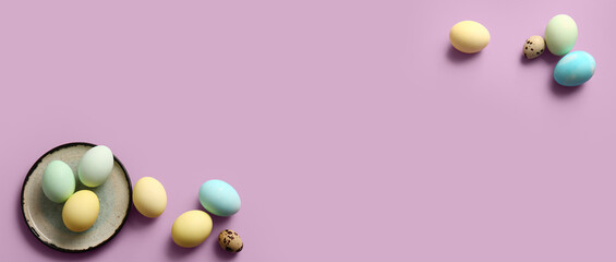 Plate and beautiful Easter eggs on lilac background with space for text