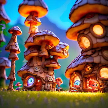 Magical Village With Mushroom Houses Troll Kids Playing Tall Structure