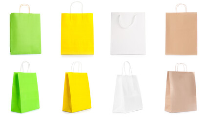 Collage of paper shopping bags on white background