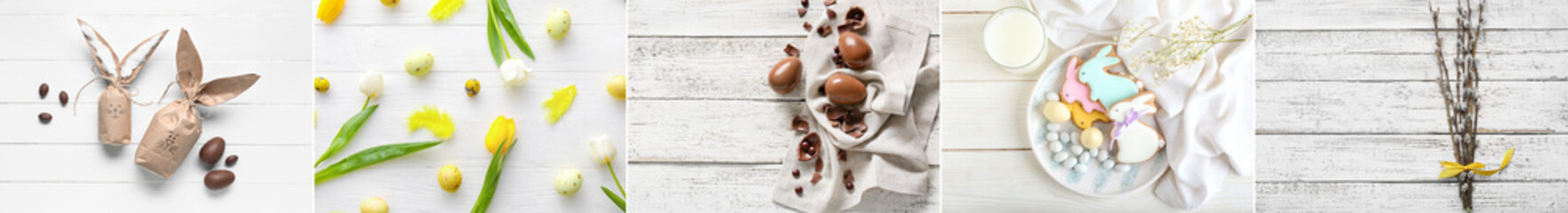 Festive collage with Easter cookies, chocolate candies, eggs and floral decor on white wooden background