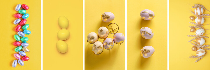 Collage of beautiful Easter eggs with chocolate candies on yellow background, top view