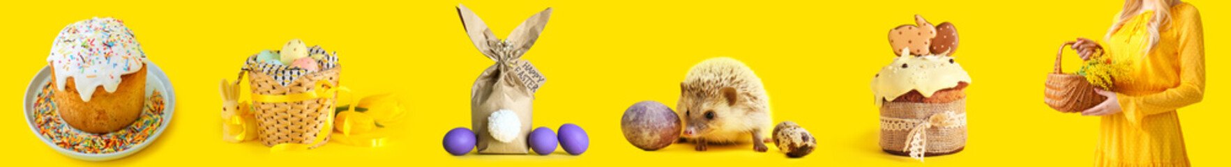 Collage of tasty Easter cakes with painted eggs, cute hedgehog and mimosa flowers on yellow background
