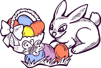 Easter bunny with basket, eggs, flowers, butterfly. Decorative vector design composition for poster print, greeting card, kids party invitation. Hand drawn illustration. Vintage cartoon style drawing.