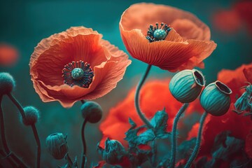 Red poppies in bloom in a field in the spring in the outdoors against a turquoise background in soft focus, macro. photo with toning and authoring processing. Vibrantly colored artistic image with a f
