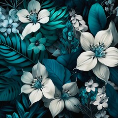 Summer composition of white flowers and fresh green leaves as wallpaper, background or poster. White flowers, dark style, monochrome colors, digital art.