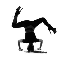 Silhouette of dancing young woman in high heels on white background, back view