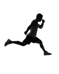Silhouette of sporty young man jumping on white background