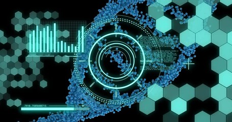 Animation of mathematical equations and data processing over dna strand on black background - Powered by Adobe