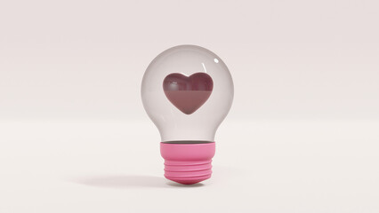 3D illustration of red heart in glass light bulb. Graphic design for Valentine&rsquo; day.
