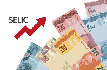 Change in Selic rate, arrow poiting to up showing increasing  – Basic interest tax at Brazil. Brazil public and private banks use rate 