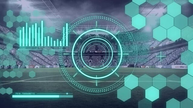 Animation of data processing and scope scannnig over sports stadium