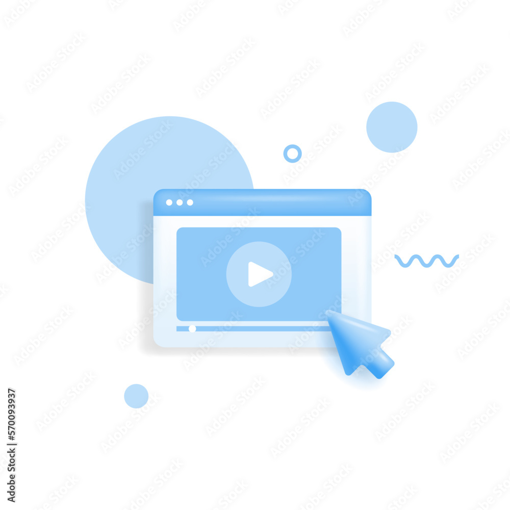 Poster video player, ui play button with cursor. video, streaming, interface multimedia concept. 3d vector 