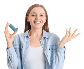 Young woman with inhaler  on white background - obrazy, fototapety, plakaty