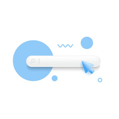 3d search bar template for website. Navigation search for web browser. 3d arrow mouse cursor. Ask question template banner. Support FAQ information web bar. Vector