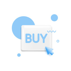 Buy blue 3D button in flat style isolated on yellow background. Vector illustration