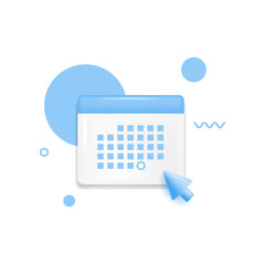 3d Calendar icon with one day selected. Mouse click cursor and abstract shapes in background.