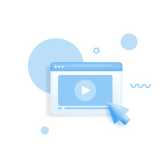 Video player, ui play button with cursor. Video, streaming, interface multimedia concept. 3d vector icon. Web page Cartoon minimal render. Realistic 3d screen live stream. Video frame icon