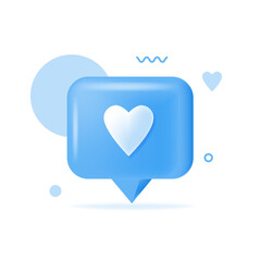 3d social media notification love like heart icon in blue pin isolated on white background with shadow 3D rendering. Vector illustration