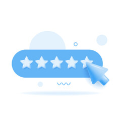 Five stars, glossy blue colors. Click button Customer rating feedback concept from the client about employee of website. Realistic 3d design of the object. For mobile applications.