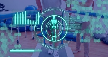 Animation of scope scanning and data processing over caucasian man with physiotherapist - Powered by Adobe
