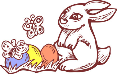 Easter bunny with basket, eggs, flowers, butterfly. Decorative vector design composition for poster print, greeting card, kids party invitation. Hand drawn illustration. Vintage cartoon style drawing.