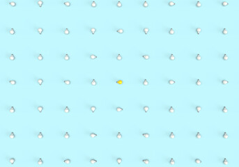 Pattern of light bulbs on a blue background. 3d render on the topic of technology, engineering, programming, ideas, and business. Modern minimal style.