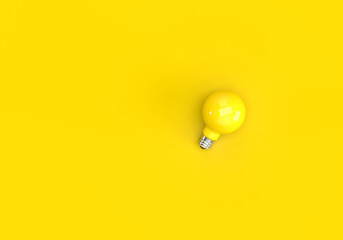 A yellow light bulb on a blue background. 3d render on the topic of business, work, technology, development. Modern minimal style.