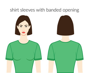 Shirt sleeves short length clothes character beautiful lady in green top, dress technical fashion illustration with fitted body. Flat apparel template front, back sides. Women, men unisex CAD mockup