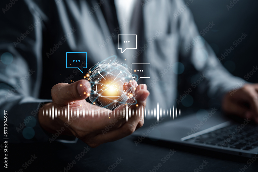 Poster Businessman using chatbot in smartphone intelligence Ai.Chat GPT Chat with AI Artificial Intelligence, developed by OpenAI generate. Futuristic technology, robot in online system.