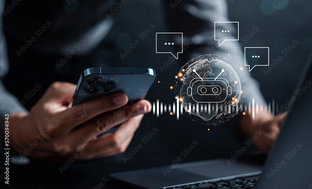 Poster Businessman using chatbot in smartphone intelligence Ai.Chat GPT Chat with AI Artificial Intelligence, developed by OpenAI generate. Futuristic technology, robot in online system.