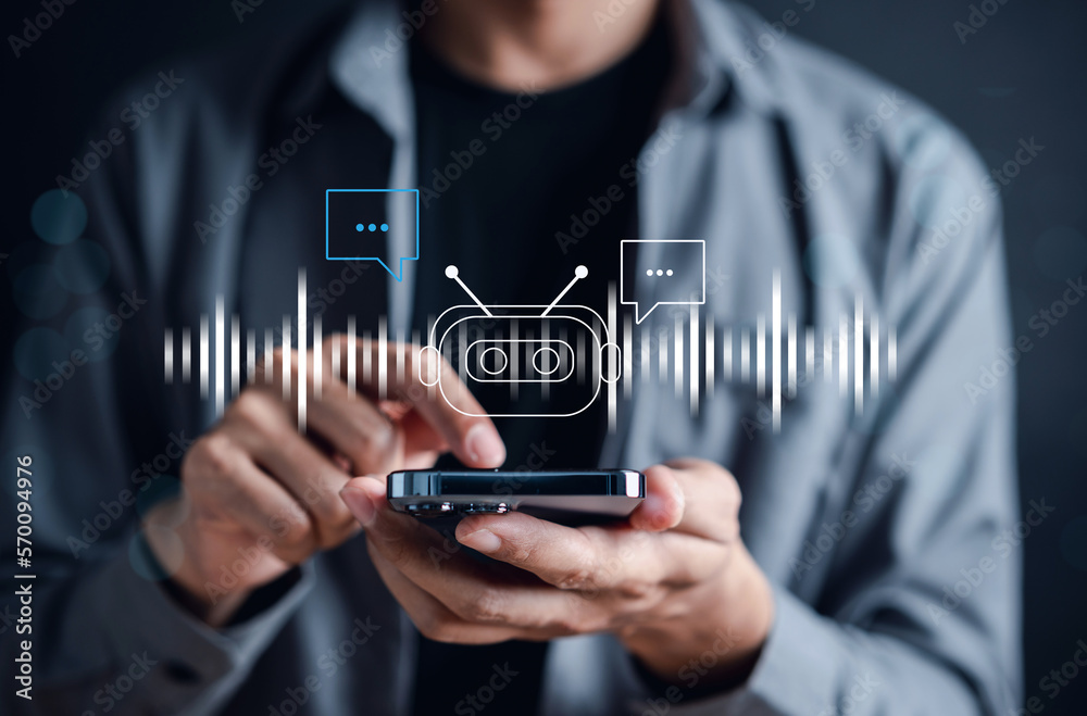 Aufkleber Businessman using chatbot in smartphone intelligence Ai.Chat GPT Chat with AI Artificial Intelligence, developed by OpenAI generate. Futuristic technology, robot in online system.