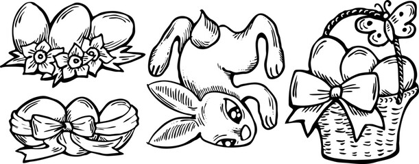 Easter bunny with basket, eggs, flowers, butterfly. Decorative vector design composition for poster print, greeting card, kids party invitation. Hand drawn illustration. Vintage cartoon style drawing.