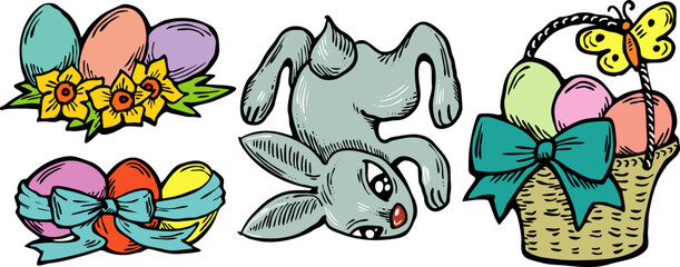 Easter bunny with basket, eggs, flowers, butterfly. Decorative vector design composition for poster print, greeting card, kids party invitation. Hand drawn illustration. Vintage cartoon style drawing.