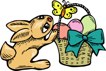 Easter bunny with basket, eggs, flowers, butterfly. Decorative vector design composition for poster print, greeting card, kids party invitation. Hand drawn illustration. Vintage cartoon style drawing.