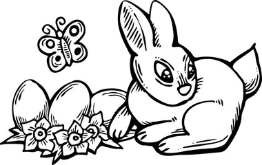 Easter bunny with basket, eggs, flowers, butterfly. Decorative vector design composition for poster print, greeting card, kids party invitation. Hand drawn illustration. Vintage cartoon style drawing.