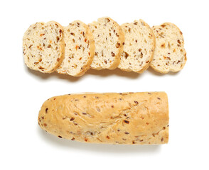 Slices of fresh baguette isolated on white background