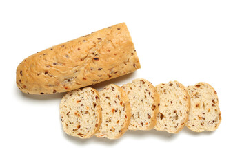 Slices of fresh baguette isolated on white background